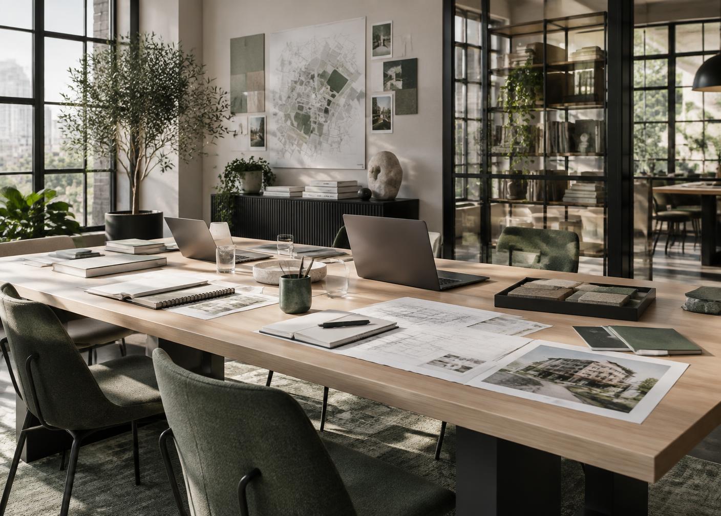 Illustrative collaborative workspace with laptops and project materials