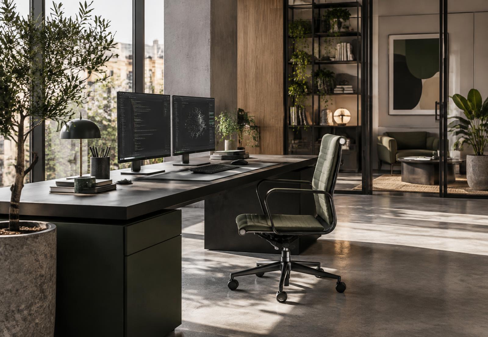 Illustrative unoccupied software engineering workspace with dual monitors